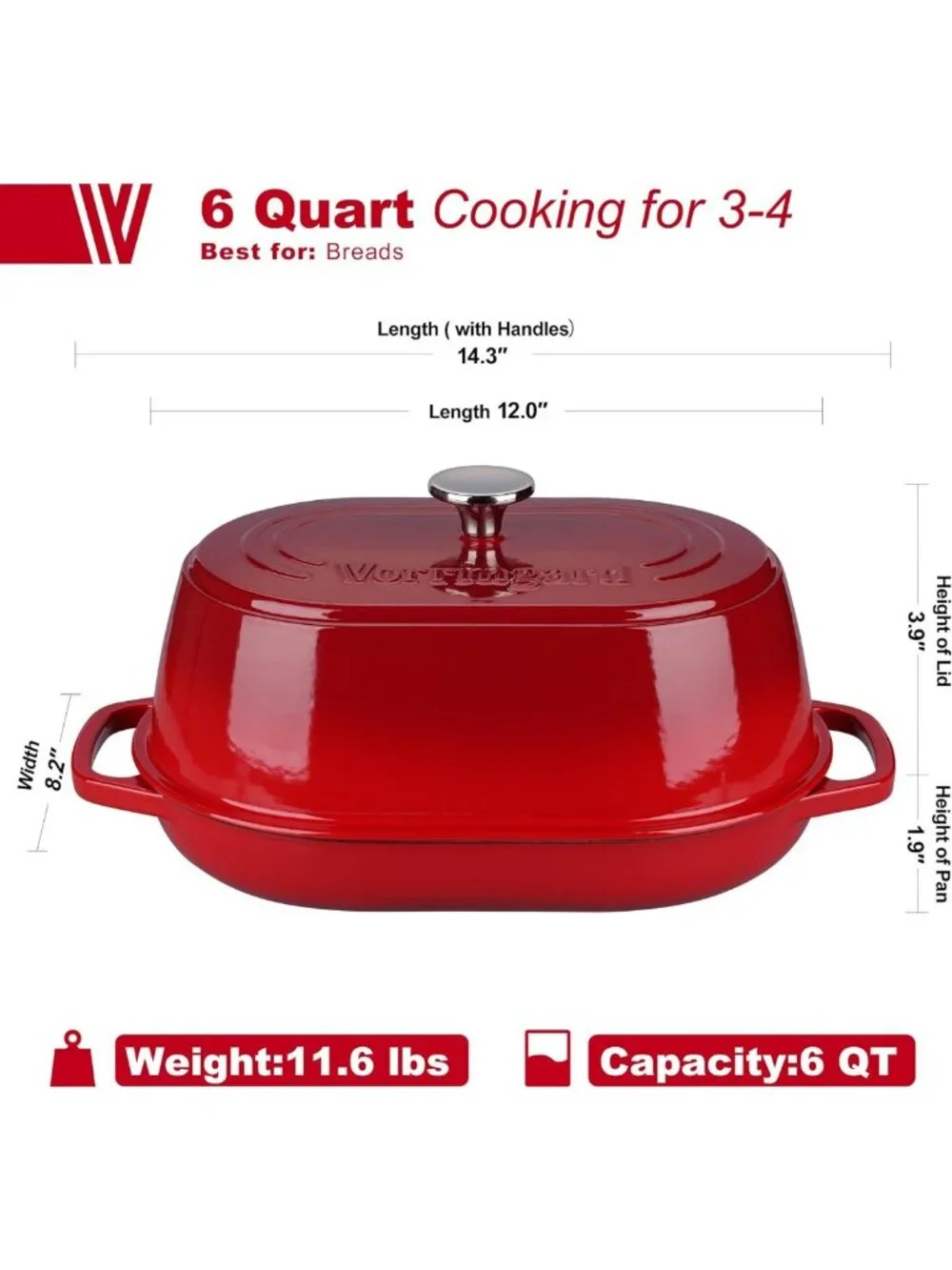 6 Quart Enameled Cast Iron Dutch Oven with Dome Lid for Sourdough Baking, Oven